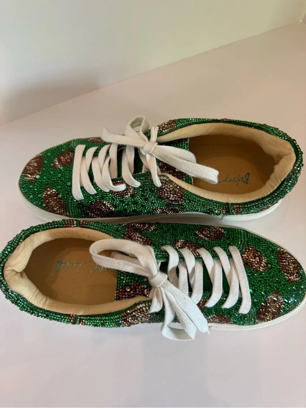 Betsey Johnson Green Crystal Football-Print Platform Sneakers